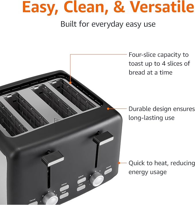 Amazon Basics 4 Slice Toaster 7 Browning Settings Extra Wide Slots for Bagels and Specialty Breads Removable Crumb Tray Cancel/Defrost/Bagel Buttons 1500W Black &amp Silver