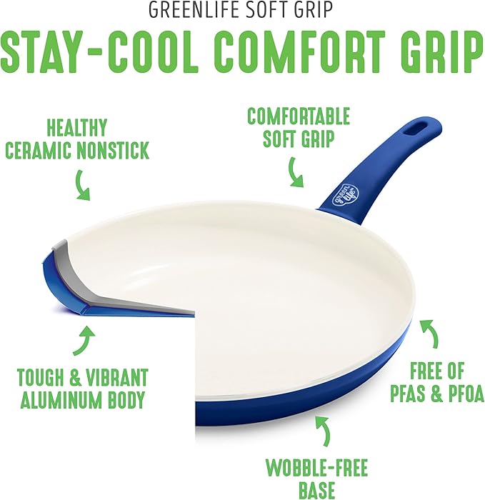 GreenLife Soft Grip Healthy Ceramic Nonstick 16 Piece Cookware Pots and Pans Set Blue &amp Soft Grip Healthy Ceramic Nonstick 7 and 10 Frying Pan Skillet Set PFAS-Free Dishwasher Safe Blue
