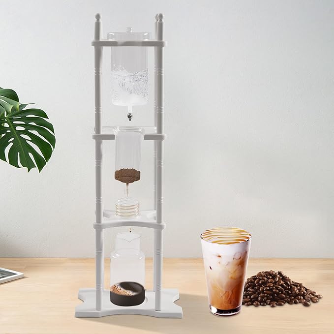 Ice Drip Coffee Maker 2.5L Iced Coffee Maker Drip Tea Maker Tower Wooden Stand Glass Dripper Machine Cold Brew for Making Delicious Cold Extracted Coffee at Home Coffee Shops