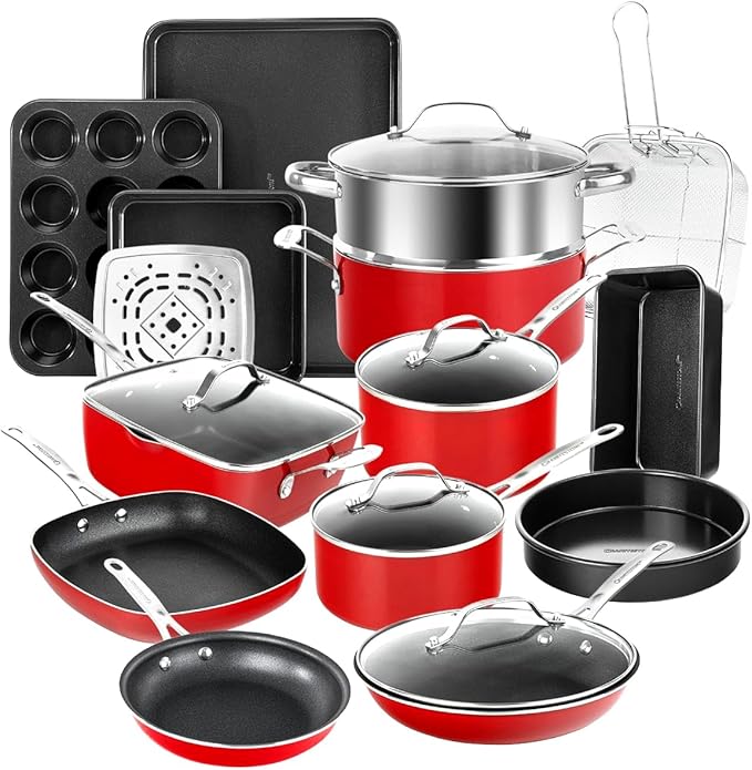 Granitestone 20-Piece Nonstick Pots and Pans Set with Bakeware &amp Steamer Diamond-Reinforced Cookware Set Deep Frying Pan Non-Toxic PFOA PFOS Free Metal Utensil Safe Dishwasher &amp Oven Safe