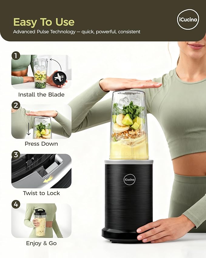 iCucina Smoothie Blender 1000W Personal Blender for Shakes and Smoothies with 2 x 37oz Protable Cups and Lids Single Serve Blenders for Ice Crushing Bean Grinding Frozen Fruit Drinks Black