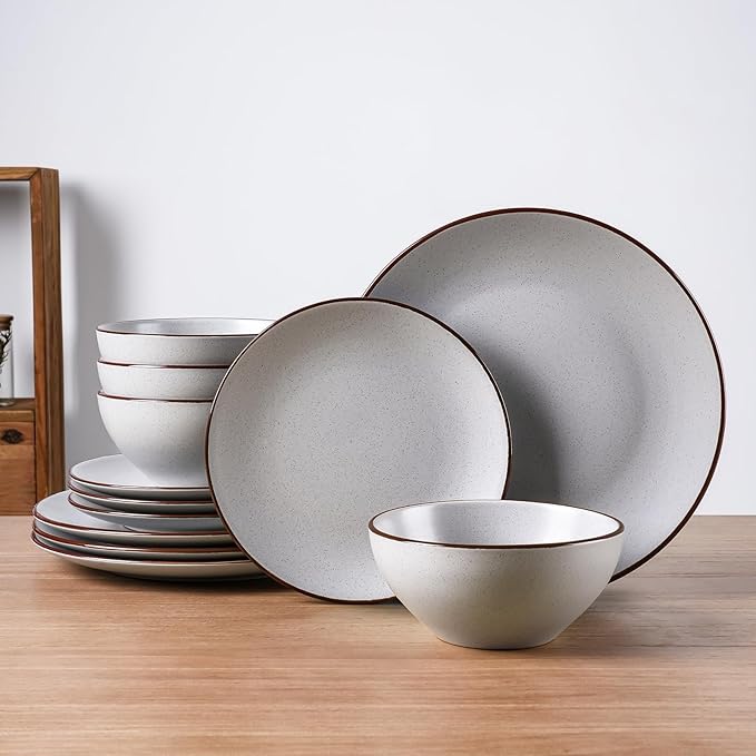 Famiware Venus Dinnerware Sets and Mercury Coffee Mugs Set of 4 16 Pieces Plates and Bowls Sets Microwave and Dishwasher Safe Light Gray
