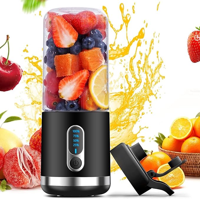 Portable Blender Personal Blender for Shakes and Smoothies 4000mAh USB Rechargeable BPA Free 15.2 Oz 450ML Juicer Cup with 6 Blades and Lid Portable Juicer for Kitchen/Travel/Gym(Black)