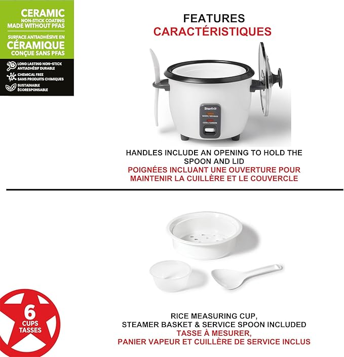 Starfrit Electric Rice Cooker - 6 Cups - Steamer Basket Measuring Cup &amp Service Spoon - 300W - Makes Perfect Rice!