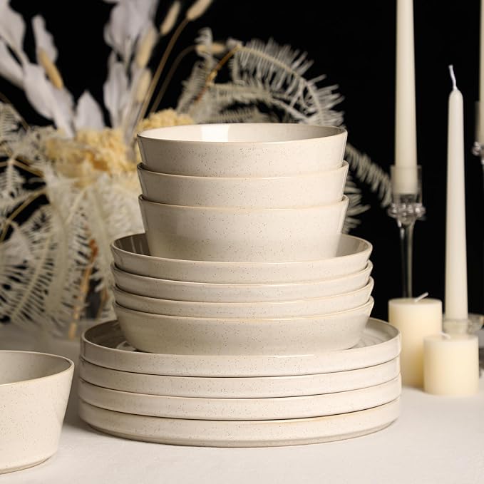 Stone Lain Claire 12-Piece Dinnerware Set Stoneware Plates and Bowls Set Dishwasher and Microwave Safe Dish Set for 4 White