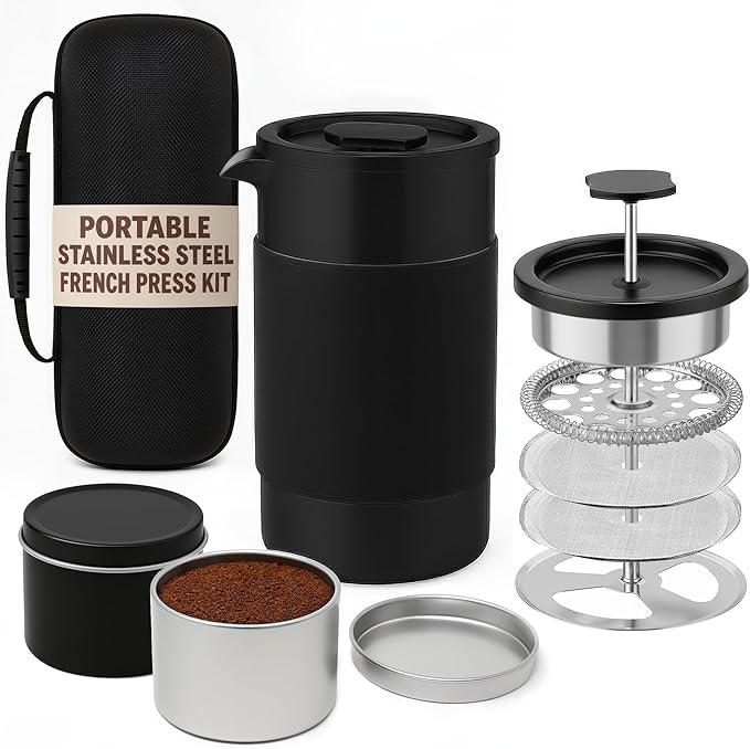 Travel French Press Coffee Maker Set - 12 oz | Portable Travel French Press Coffee Maker | Double Wall Insulated with Dual Stainless Filters &amp 2 Steel Canisters for Grounds Tea Creamer &amp Sug
