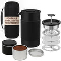 Travel French Press Coffee Maker Set - 12 oz | Portable Travel French Press Coffee Maker | Double Wall Insulated with Dual Stainless Filters &amp 2 Steel Canisters for Grounds Tea Creamer &amp Sug