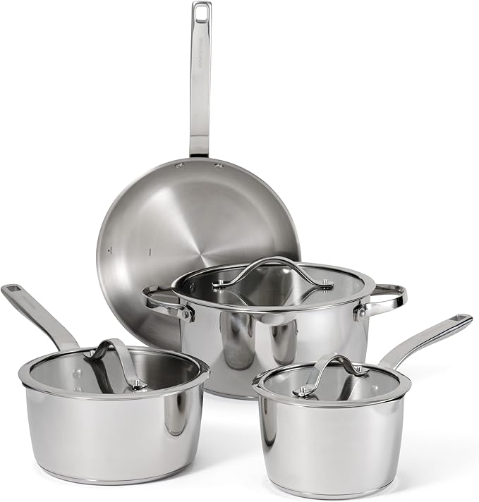 Tramontina Tempo Tri-Ply Base Stainless Steel 7-Piece Cookware Set with Glass Lids Pots and Pans Kitchen Set Induction-Ready Oven-Safe Dishwasher-Safe