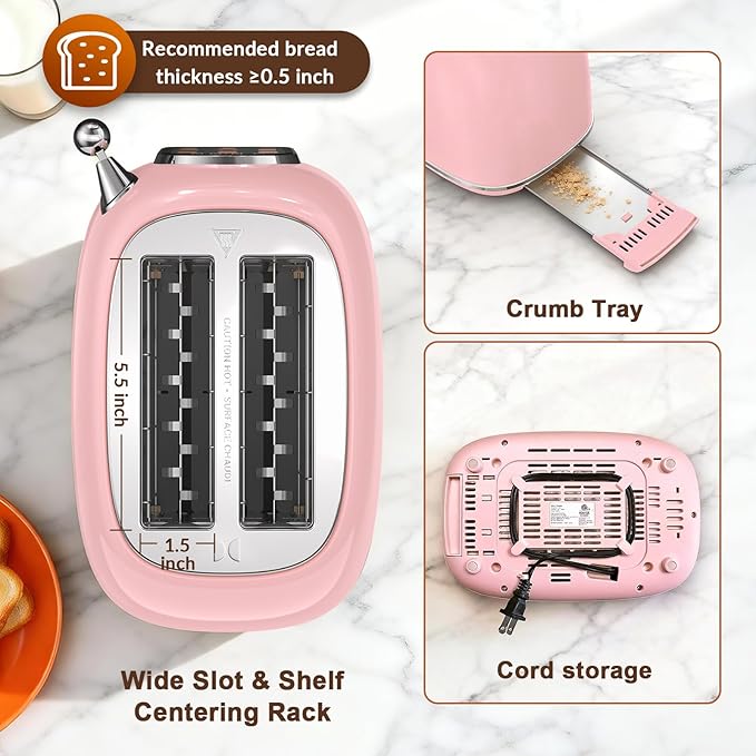 Mecity Toaster 2 Slice Touch Screen Wide Slot Retro Toaster For Breads Bagel Muffin Waffle House Warming Gift New Home 120V 825W Pink Color