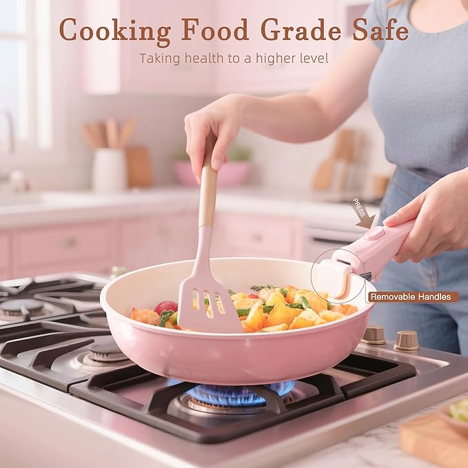 Astercook 20 Pcs Ceramic Pots and Pans Set Nonstick Cookware Set with Detachable Handles Oven Safe to 480°F Induction Compatible Stackable RV Kitchen Cooking Set Pink