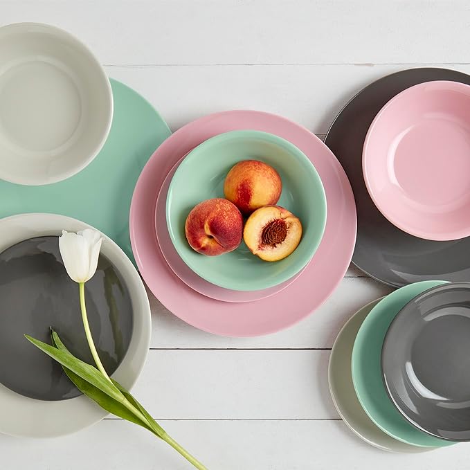Tabletops Gallery 12 Piece Green Gray Pink Melamine Dinnerware Set Plates Bowls for Indoor Outdoor Use Service for 4 Pastel