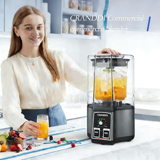 CRANDDI Commercial commercial blender - 80oz Blender with Tamper and Removable Soundproof Cover Quiet Blenders for Smoothies Countertop Blenders for Ice Crushing Blending 1500W K85 (Gray)