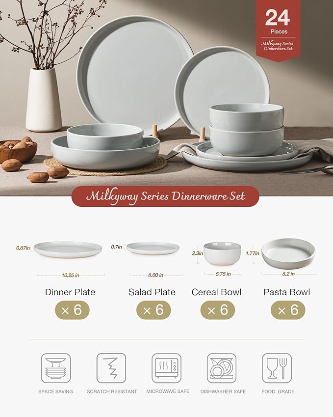 Famiware Milkyway Stoneware Dinnerware Sets with Pasta Bowls Service for 6 (24 Pieces) Plates and Bowls Sets -Scratch Resistant Microwave and Dishwasher Safe Dishes Set Light Gray