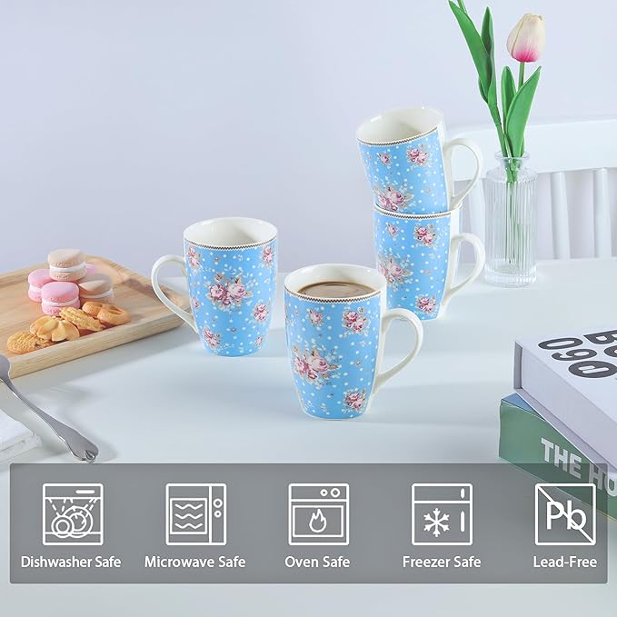 fanquare 10 Ounce Blue Floral Polka Dot Mug Set of 4 Ceramic Coffee/Tea Mugs with Pink Flower Pattern Cute Drinkware for Home Office Microwave &amp Dishwasher Safe
