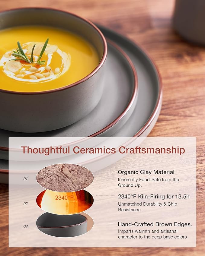 Famiware Nebula Ridge Stoneware Dinnerware Sets for 8 24 Pieces Plates and Bowls Sets Dishes Set Microwave and Dishwasher Safe Kitchen Plates Dark Gray