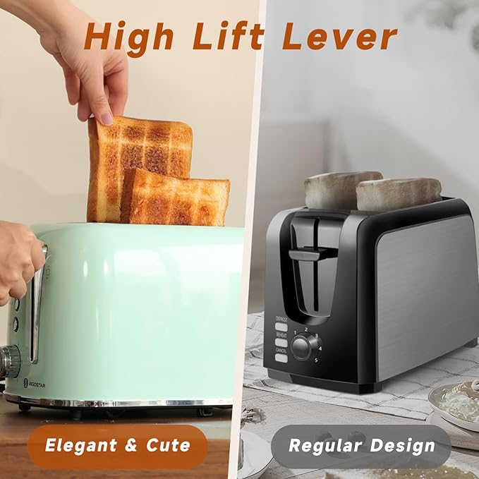 Aigostar Toaster 2 Slice Retro Toaster Stainless Steel 1.6 inch Extra Wide Slots Bread Toaster Bagel Cancel Defrost Function 6 Shade Settings &amp Removable Crumb Tray for Bread Waffle Aqua Gree