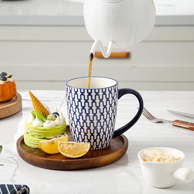 18 Pcs Ceramic Dinnerware - 16 Oz Coffee Mugs and 10.5 Inch Dinner Plates and 12 Oz Dessert Bowls Sets - Service for 6 - Vintage Blue