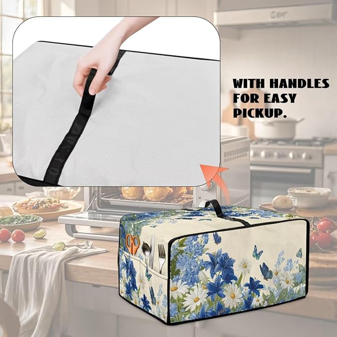 Lily Daisy Print Toaster Oven Covers for Kitchen Counter Decor Heavy Duty Toaster Oven Air Fryer Cover Kitchen Small Appliance Protector with Side Pockets Blue