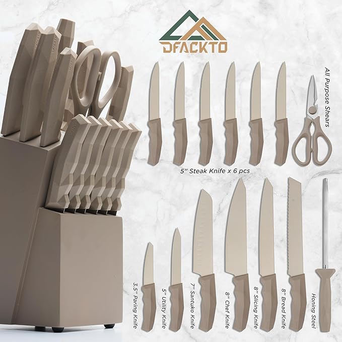 DFACKTO 15 Piece Desert Gold Knife Set with Block Sharpener and Kitchen Shears Sharp Full-Tang High-Carbon Stainless Steel Blades Non-Slip Composite Handle Kitchen Essentials Chef Knives