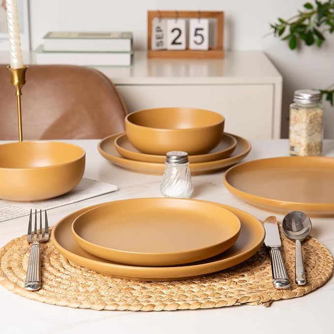 12-Piece Stoneware Dinnerware Set for 4 10 Plates &amp 7.5 Salad Plates &amp 5.9 Bowls Microwave &amp Dishwasher Safe Stackable Matte Glaze Kitchenware Chip &amp Scratch Resistant(Orange)