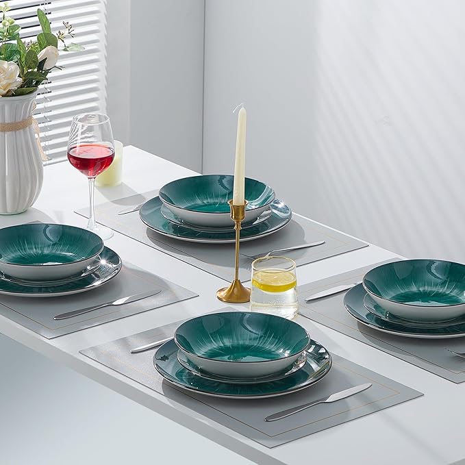 Bestone Porcelain Dinnerware Sets Service for 4 12 pcs Hand drawn Plates and Bowls Sets Handmade Ceramic Dish Set Chip Resistant Modern Plate Set Dishwasher/Microwave SafeStarburst Green
