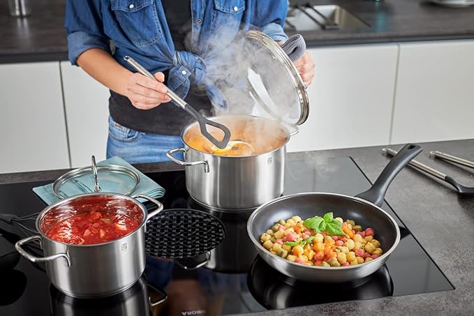 RÖSLE Basic Line Starter Set 5 Pieces 3 Universal Pans 2 Frying Pans 18/10 Stainless Steel with Glass Lid and Pouring Rim Suitable for Induction Cookers Dishwasher Safe Silver