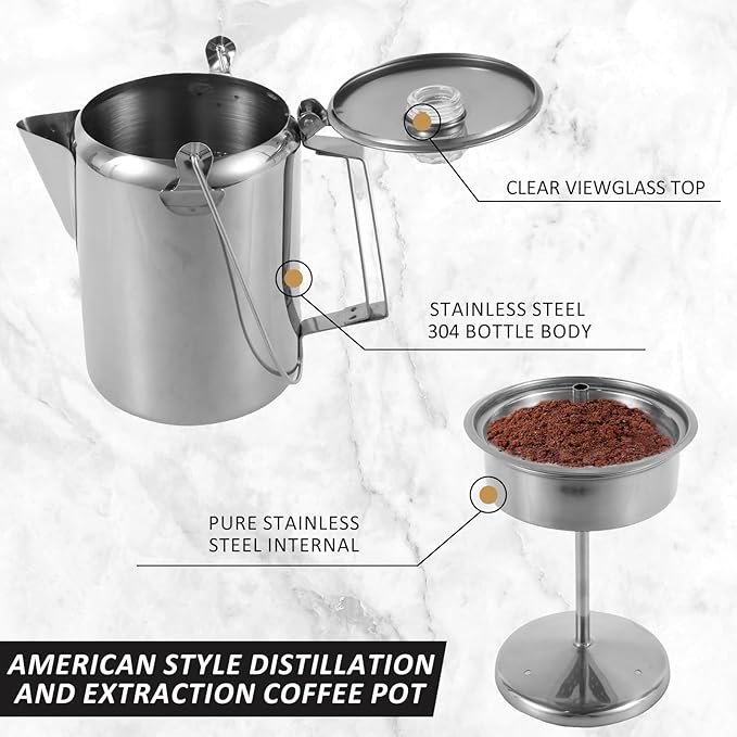 Percolator Coffee Pot with Clear Top Glass KnobCoffee Percolator Stainless Steel Camping Coffee Pot Outdoor Stovetop Coffee Maker for Group Camping Hiking Backpacking Travel 9 Cups