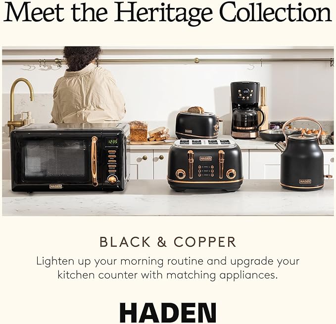 HADEN Heritage 4-Slice Toaster with Extra Wide Slots 1500-Watt Black &amp Copper - Retro Stainless Steel Design with Self-Centering Function Adjustable Browning Control &amp Removable Crumb Tray