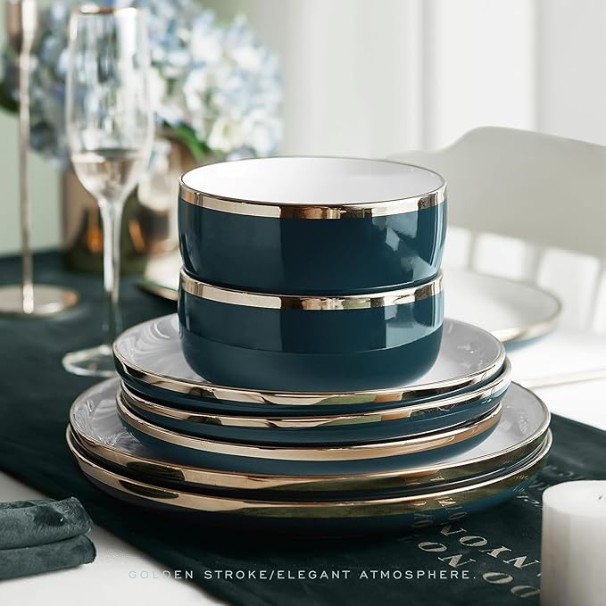 Porcelain Dinnerware Sets 12 Piece Luxury China Plates and Bowls Sets Green Dishes Set Gold Rim for Wedding Anniversary Birthday Modern Dinner Plates Set