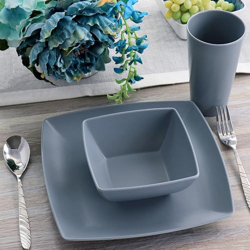 12-Piece Square Melamine Dinnerware Set – Durable Lightweight Outdoor Plates and Bowls Raised Edge Design Dishwasher Safe Tableware for Casual Indoor &amp Outdoor Dining – Gray Orange Green (Gray