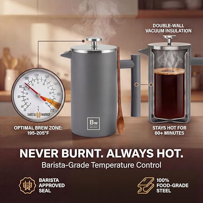Barista Warrior French Press Coffee Maker Stainless Steel with Built-In Thermometer - Insulated Double Wall Design Dual Filter System Stay-Cool Handle &amp Wood Spoon - Grey
