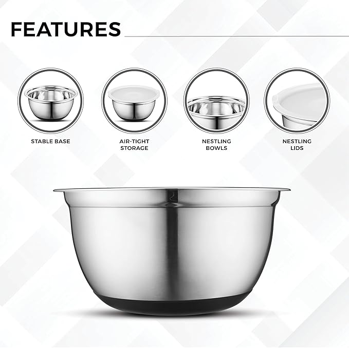 Avador Premium Stainless Steel Mixing Bowls with Lids Non-Slip Set of 5 Mixing Bowl Set with Silicone Base Space Saving Great for Cooking Baking Prepping (0.25qt 1qt 1.5qt 3qt 5qt)