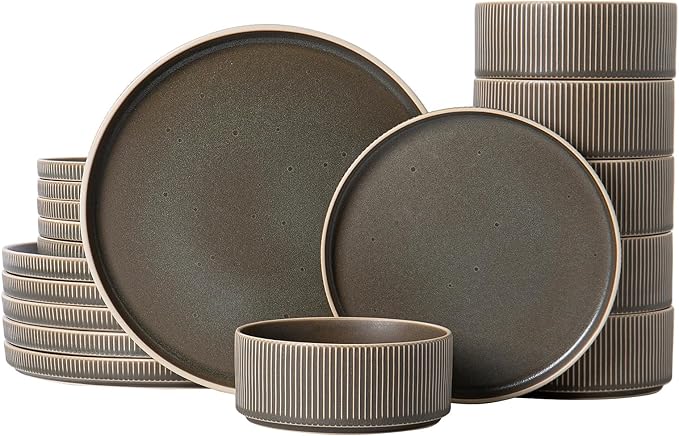 Dinnerware Set Service for 6 18-Piece Ceramic Plates and Bowls Set Chip &amp Scratch Resistant Microwave and Dishwasher Safe Modern Minimalist Tableware for Everyday Use Matte Green