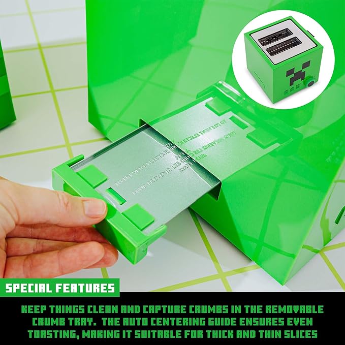 Minecraft Green Creeper 2-Slice Toaster For Bagels Waffles and Breads | Features 6 Settings With Defrost Option | Imprints Creeper Symbol On Bread