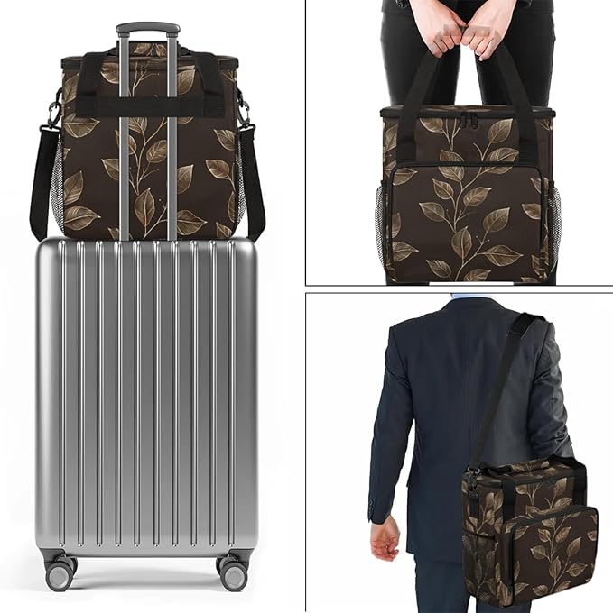 Leaf Plant Theme Coffee Maker Travel Bag for Keurig K-Mini/K-Mini Plus Insulated Waterproof Tote with Pockets for K-Cup Portable Single-Serve Brewer Case