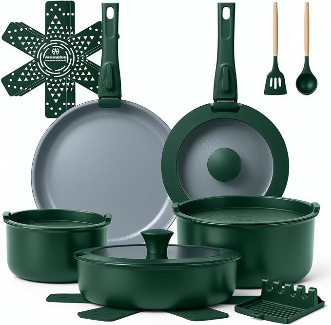 Ammeloo 18-Piece Ceramic Pots and Pans Set Non Stick Non Toxic Cookware Set with Removable Handles Pot Sets for Cooking Induction Ready Dishwasher &amp Oven Safe PFAS PFOA &amp PTFE Free (Hunte