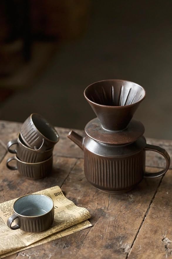 Ceramic Pour Over Coffee Maker Retro Hand Drip Coffee Dripper Portable Pourover Cone Filter Coffee Brewer for Camping Travel Office Family Single Serve Antique Copper Brown