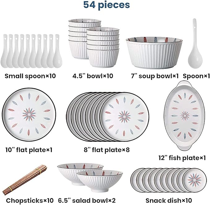 Dinnerware Sets - Luxury Gift Dishes Service Set Ceramics Dinner Sets 54 Pieces Cereal Bowl and Steak Plate Set - Porcelain Japanese Style Dinnerware Set for Family Gathering