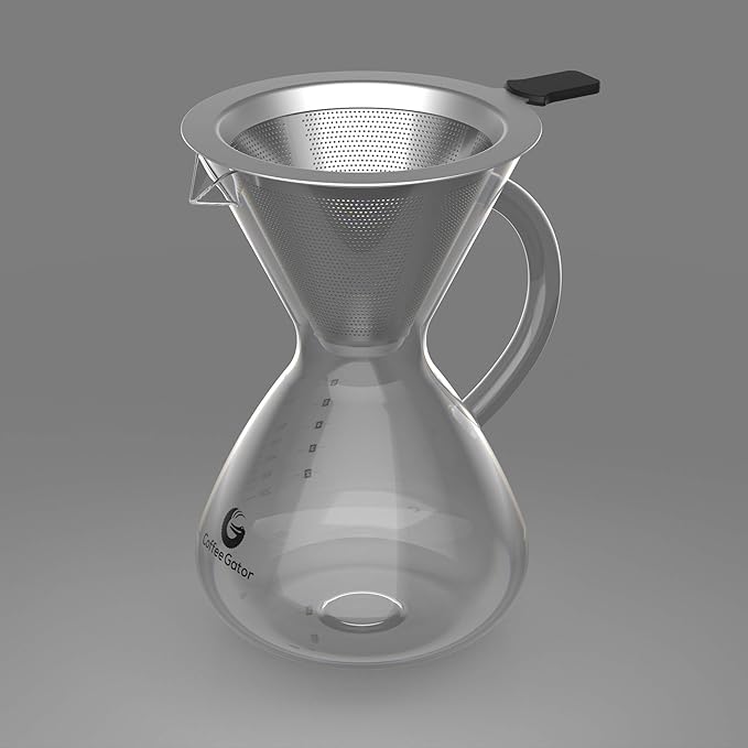 Coffee Gator Pour Over Coffee Maker - 27oz High Heat Borosilicate Glass with Reusable Stainless Steel Filter Drip Coffee Brewer Dripper Set Carafe 800ml Clear