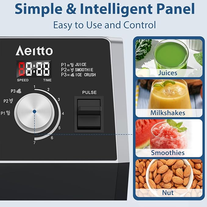 Aeitto Blenders for Kitchen 1800W Professional Countertop Blender 68Oz Large Capacity Smoothie Blender with 3 Programs &amp 7 Speeds for Smoothies Ice Crush Frozen Drinks Black