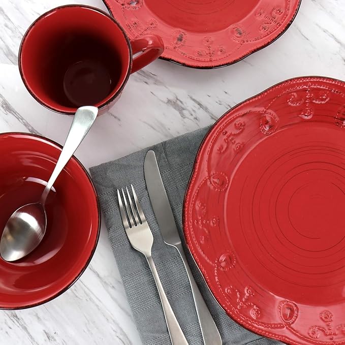 16 Piece Stoneware Dinnerware Set – Rustic Birch Embossed Plates and Bowls Dishwasher &amp Microwave Safe Dinner Set for 4 Elegant Scalloped Edges and Wood-Inspired Design (Red)