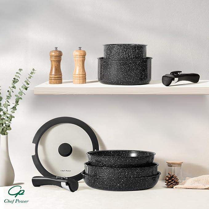 Chef Power Ceramic Nonstick Cookware Set 19 Piece with Detachable Handle Induction Dishwasher Oven Safe Pans and Pots Set RV Kitchen Set Removable Handle Rock Stone Black