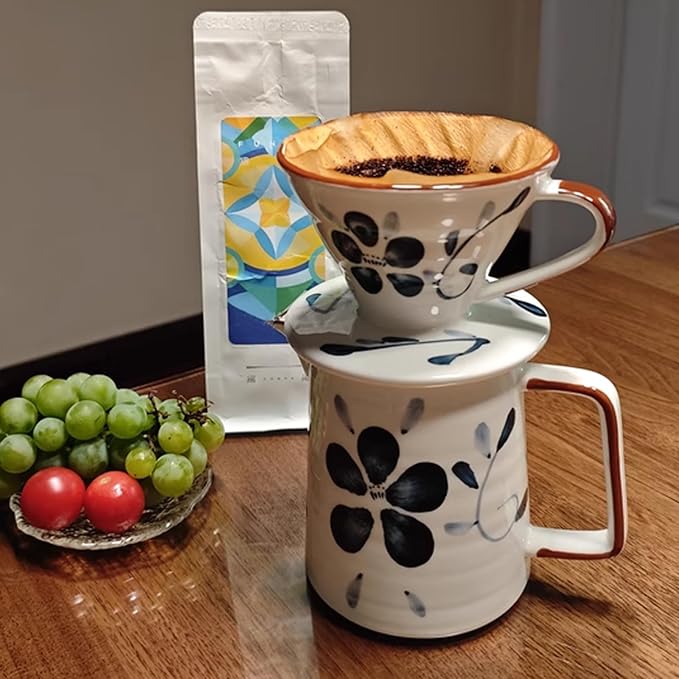 Ceramic Pour Over Coffee Maker Set Ceramic Coffee Dripper with Single Hole Coffee Pot &amp 100 Paper Filters for Home Travel Camping (1-4 Cup)
