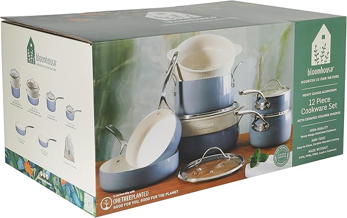 Bloomhouse 12 Piece Aluminum Pots and Pans Cookware Set w/Non-toxic Ceramic Non-stick Ceramic Steamer Insert &amp 12 Protective Care Bags - Periwinkle Blue