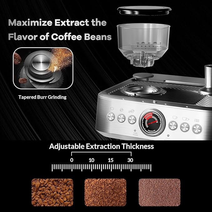 Garvee Espresso Machine with Grinder &amp Milk Frother 20 Bar Professional Pressure &amp 95Oz Large Water Tank Semi-Automatic Coffee Maker for Cappuccino/Latte/Macchiato Design for Home Barista