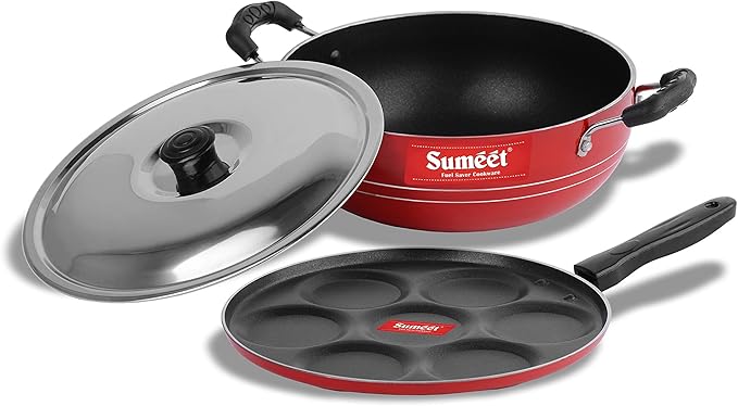 Sumeet 2.6mm Thick Non-Stick Rasberry Cookware set (Multi snack maker – 26.5cm Dia + Kadhai With Lid – 1.5Ltr capacity- 20cm Dia)
