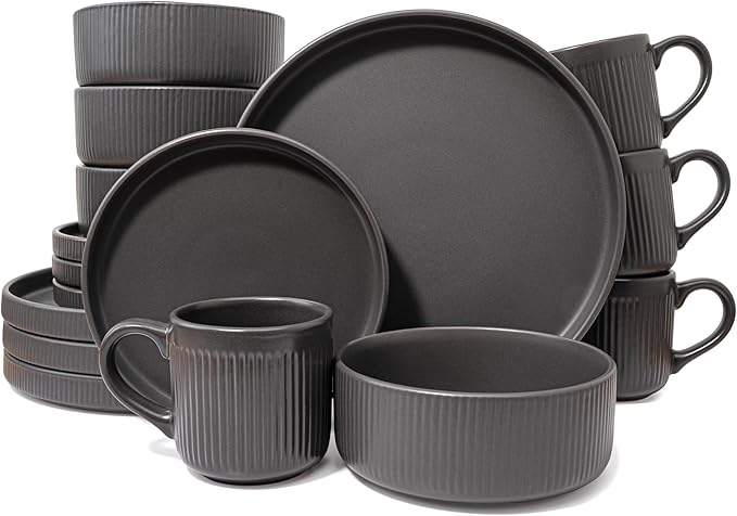16 Piece Dinnerware Set Key West - Plates Bowls and Mugs Set for 4 - Chip and Scratch Resistant Microwave and Dishwasher Safe Tableware 16 Pieces Ribbed Dishes