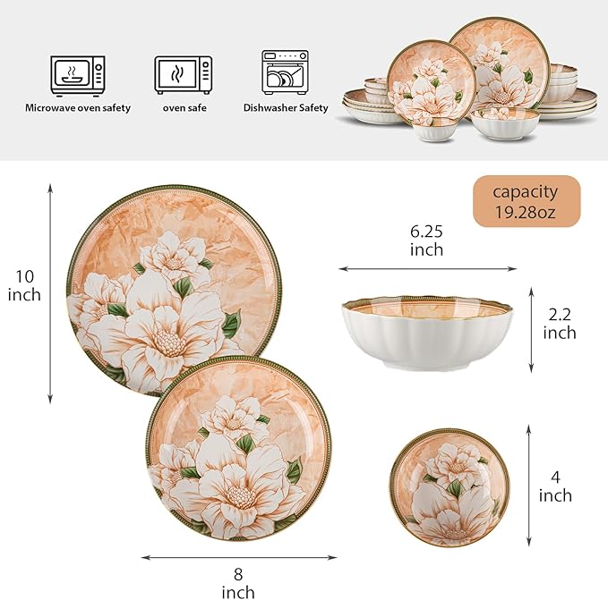 Plates and Bowls Sets for 4 16-Piece Dinnerware Set Ceramic Dish Sets for 4 with Camellia Floral Pattern Microwave &amp Dishwasher Safe for Everyday Use &amp Gift Giving