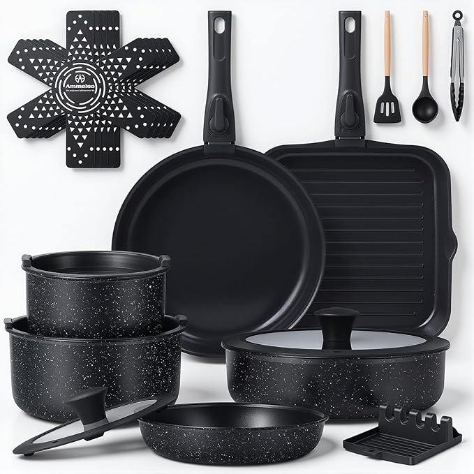 Ammeloo 21 Pcs Pots and Pans Set Non Stick with Detachable Handle &amp Grill Pan Induction Ceramic Cookware Set Non Toxic Kitchen Pots and Pans Set for RVsCamping Oven/Dishwasher Safe Black