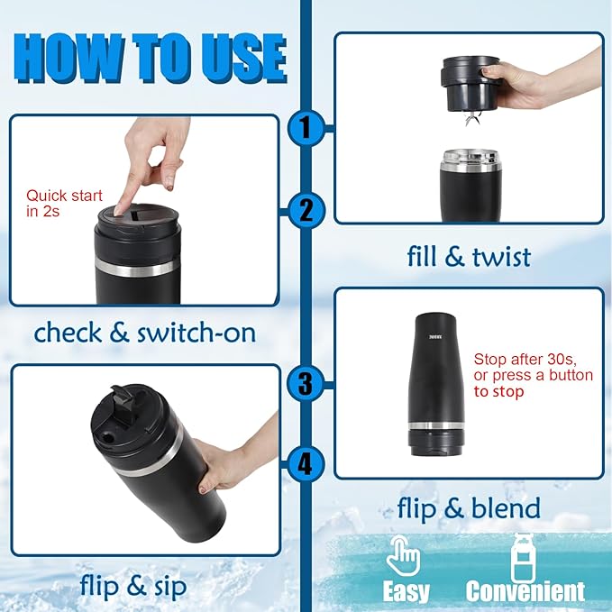 Ice Shave 2-in-1 Stainless Steel Vacuum Tumbler &amp Cordless Blender - 28oz Leak Resistant Cold 24Hrs/Ice 2 Days 120 Watts with Waterproof Charging - For Smoothies Home/Office/Car Black